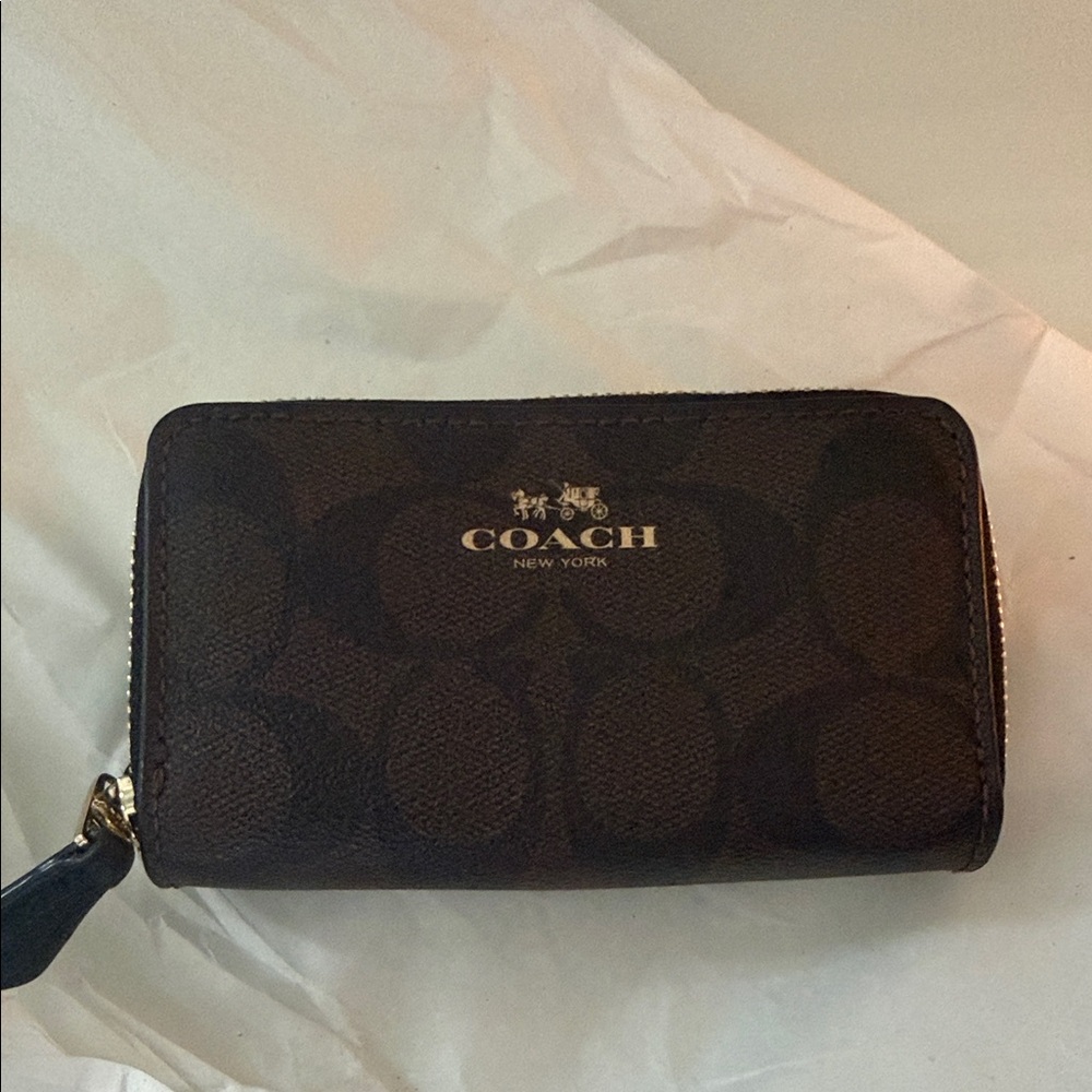Coach Dark Brown Signature Zip Card Wallet